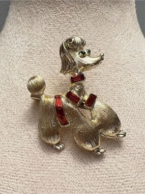 Coro Gold-tone Poodle Dog Brooch with Red Rhinestones